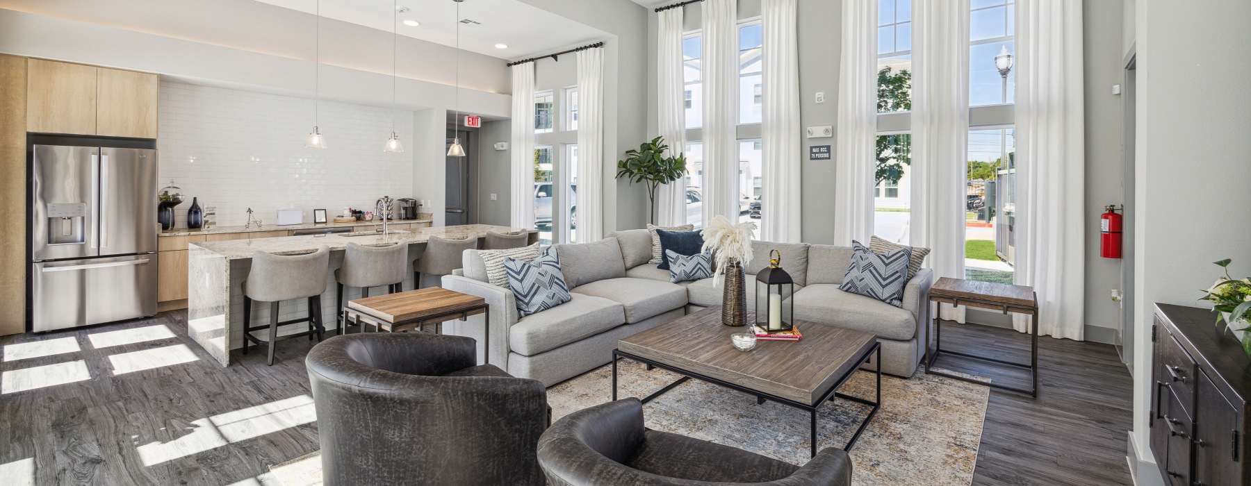 Clubhouse with Kitchen and multiple seating areas 