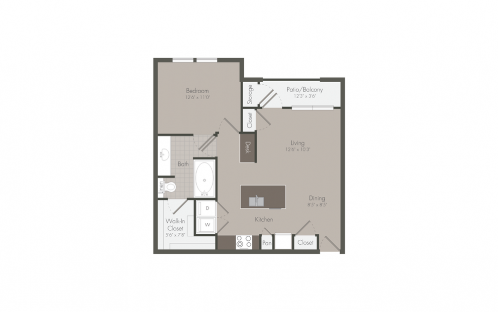 A2 - 1 bedroom floorplan layout with 1 bath and 689 square feet.