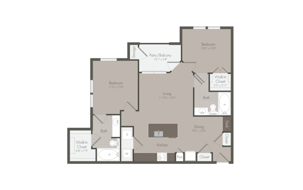 B2 - 2 bedroom floorplan layout with 2 baths and 968 square feet.